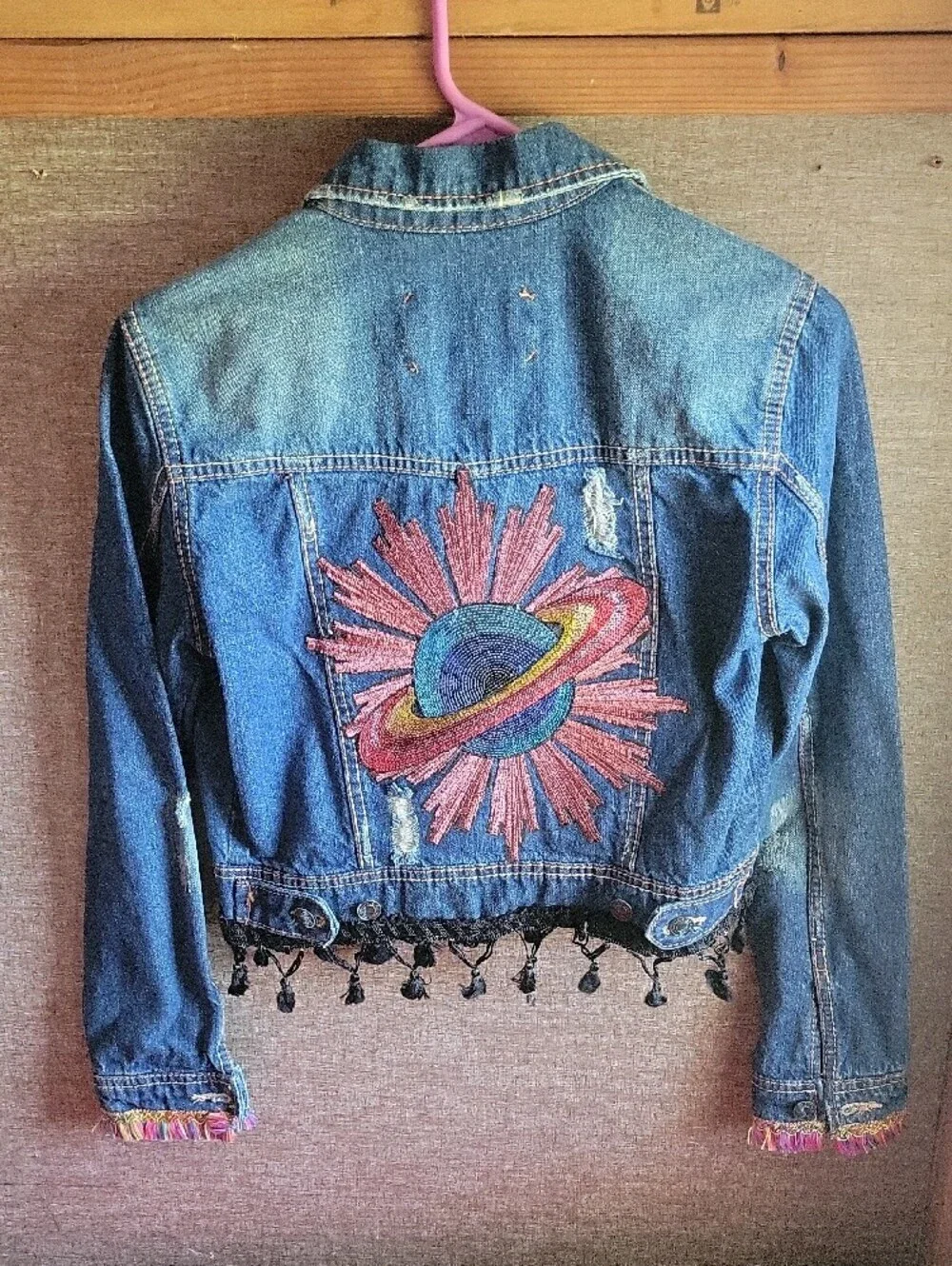 Rue21 Blue Distressed Cropped Denim Jacket with Black Tassel Hem - Picture 3 of 5